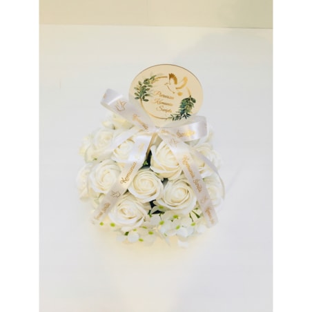 RÓŻE mydlane BIAŁE w srebrnym pudełku na I KOMUNIA ŚWIĘTA prezent pamiątka