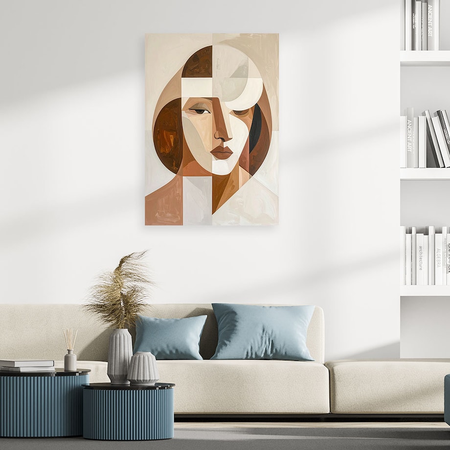 Obraz do salonu sypialni, Abstrakcyjna Sztuka Portret Kobiety w beżu i brązach 70x100 cm