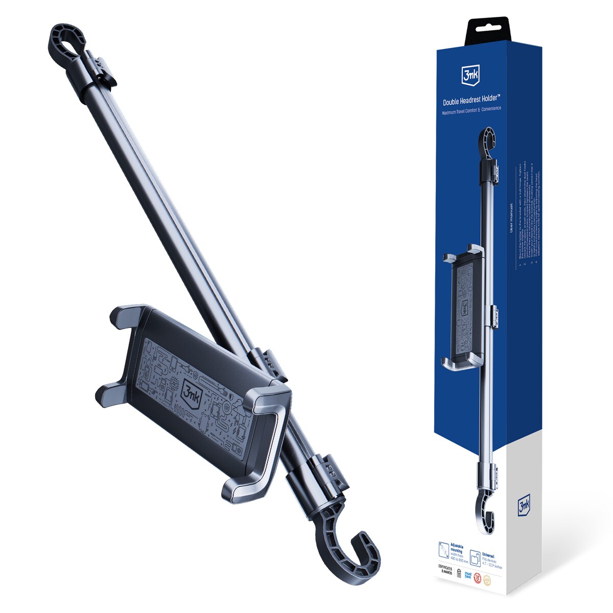 Uchwyt samochodowy do telefonu tabletu 3mk Double Headrest Holder