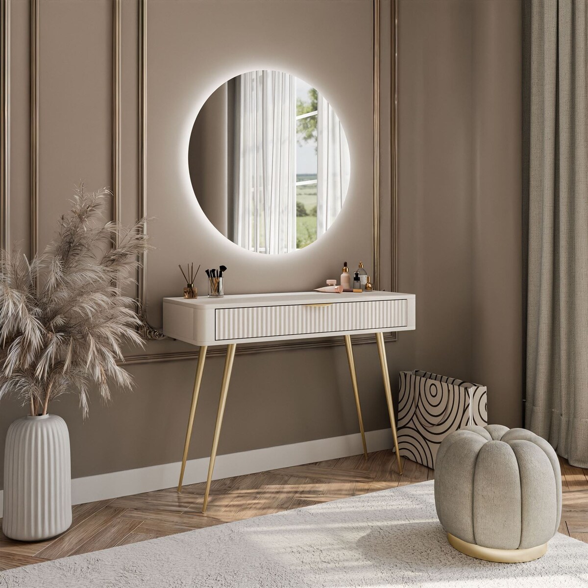 Toaletka SCARLETT z okrągłym lustrem z oświetleniem LED, beżowa