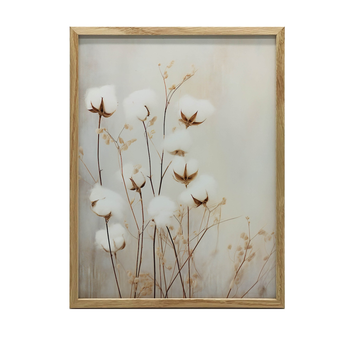 Kwiaty bawełny, 50x70 cm, rama drewniana jasny dąb, papier matowy 230 gsm
