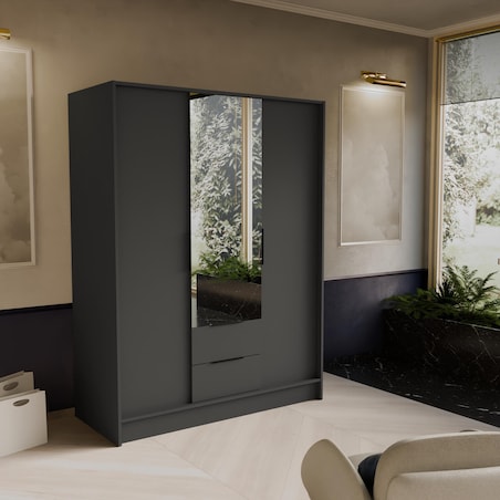 Szafa NIKOLA 150 z lusterem i regulowanymi półkami do sypialni-grafitowa