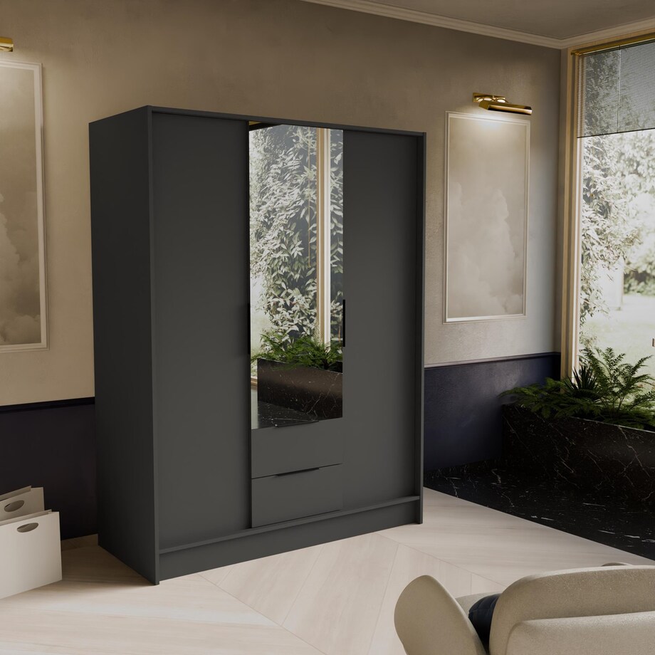 Szafa NIKOLA 150 z lusterem i regulowanymi półkami do sypialni-grafitowa