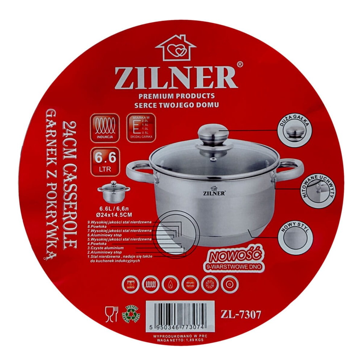 Garnek z grubym dnem 9 warstw stal nierdzewna indukcja gaz 6.1L 24cm ZILNER