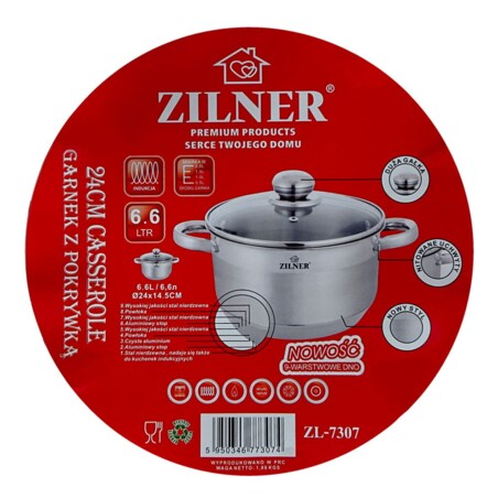 Garnek z grubym dnem 9 warstw stal nierdzewna indukcja gaz 6.1L 24cm ZILNER