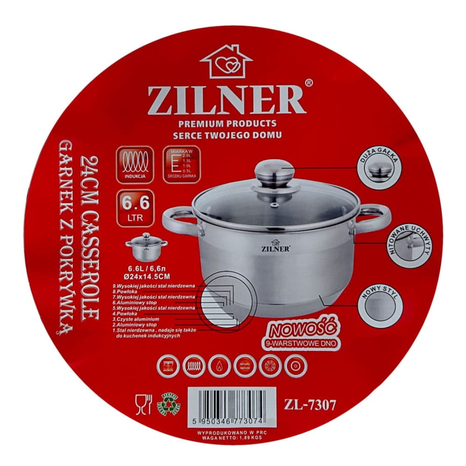 Garnek z grubym dnem 9 warstw stal nierdzewna indukcja gaz 6.1L 24cm ZILNER
