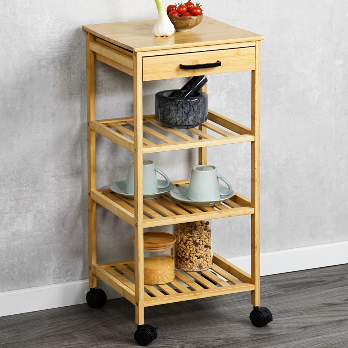 Kuchenny wózek KESPER, 33 x 33 x 73 cm, wykonany z bambusa