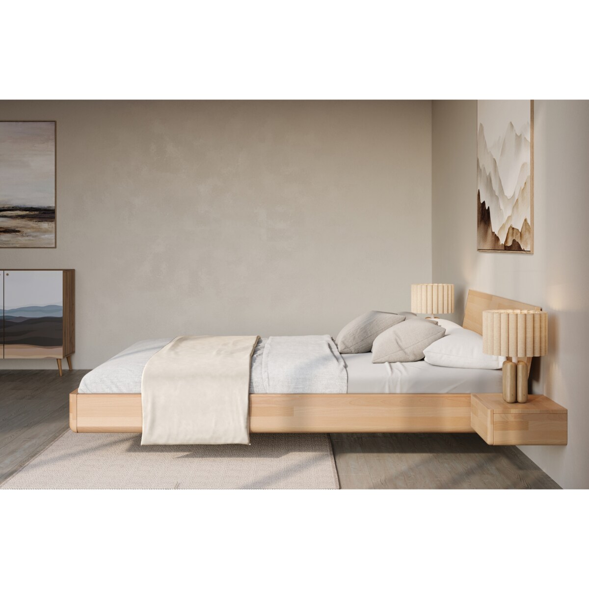 Łóżko lewitujące drewniane bukowe Visby LENA z szafkami / 140x200 cm, kolor naturalny