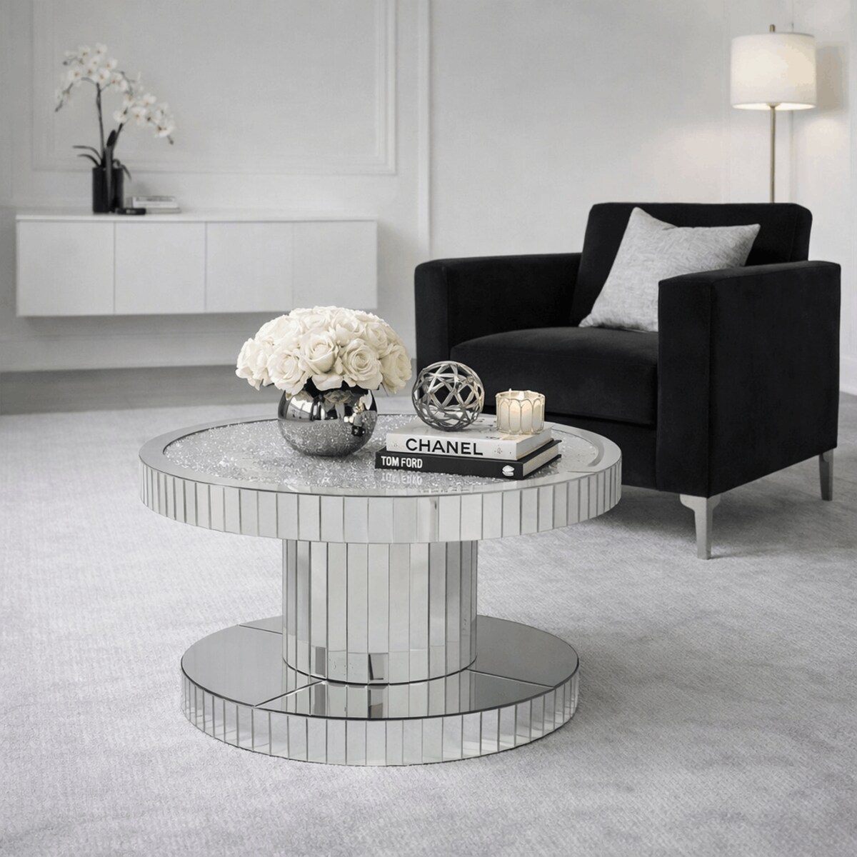 Szklany stolik kawowy glamour lustrzany 80×80×45 cm - z kryształkami