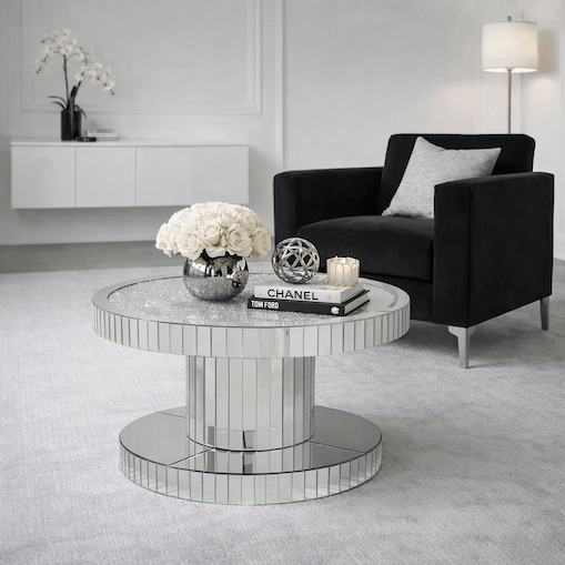 Szklany stolik kawowy glamour lustrzany 80×80×45 cm - z kryształkami