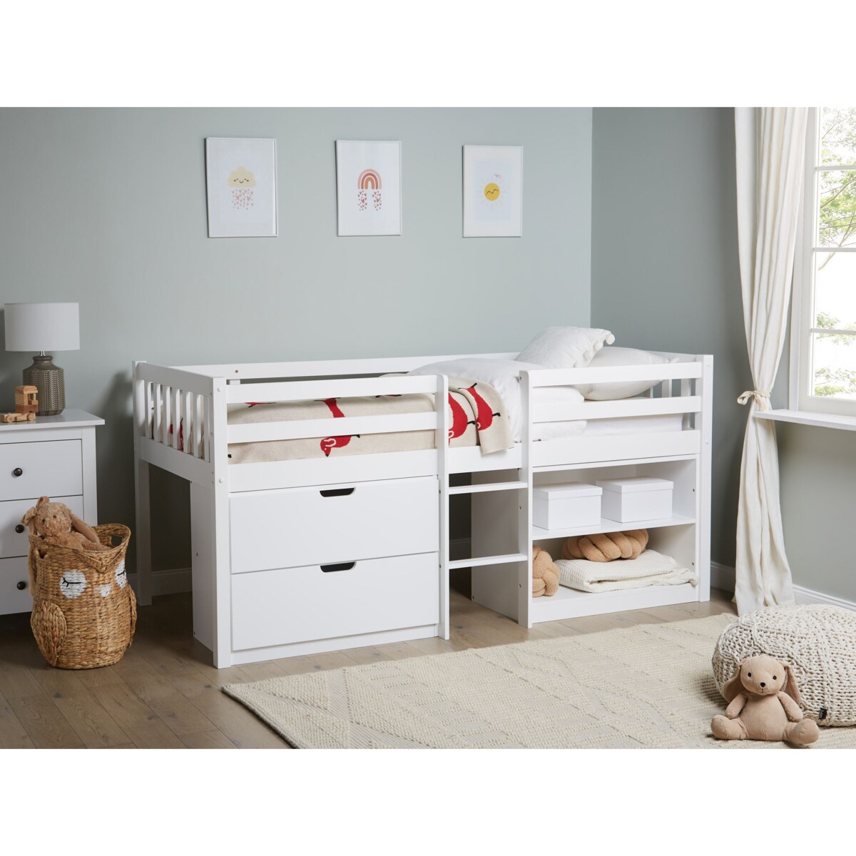 Łóżko dziecięce na podwyższeniu z szufladami drewniane 90 x 200 cm białe SUSVILLE