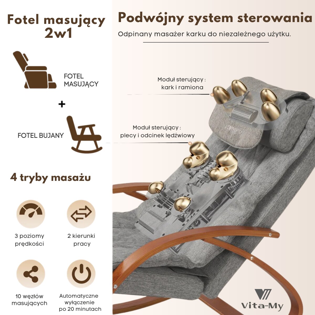 Fotel masujący bujany NAIPO MGC-2300P Vita-My drewniany podgrzewanie pilot
