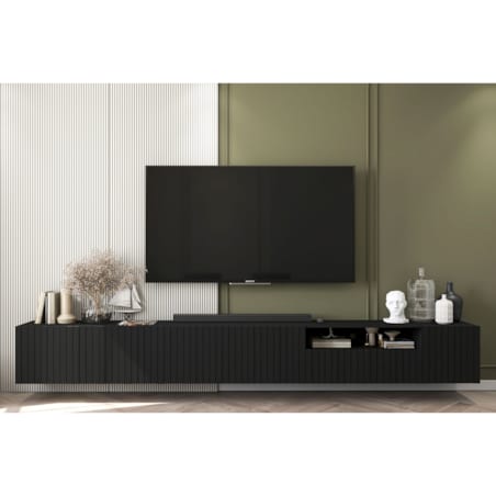 Wisząca Szafka RTV Glamour Komoda RTV Czarny Mat Ryflowane fronty 300 cm