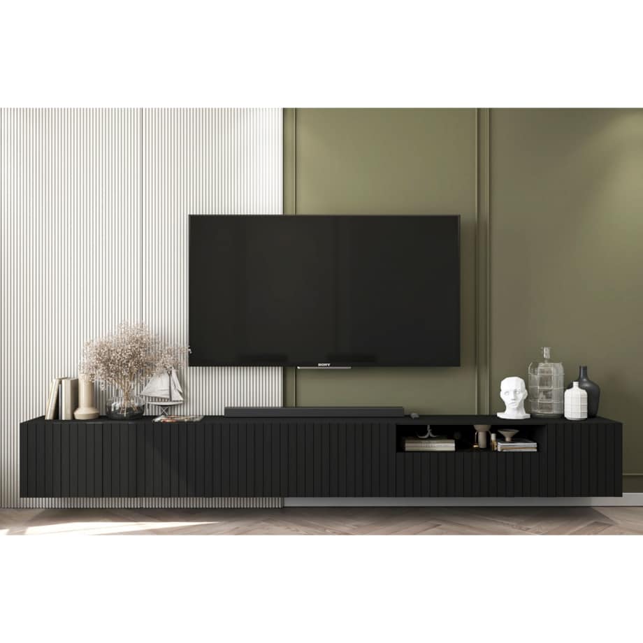 Wisząca Szafka RTV Glamour Komoda RTV Czarny Mat Ryflowane fronty 300 cm