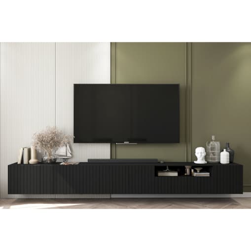 Wisząca Szafka RTV Glamour Komoda RTV Czarny Mat Ryflowane fronty 300 cm