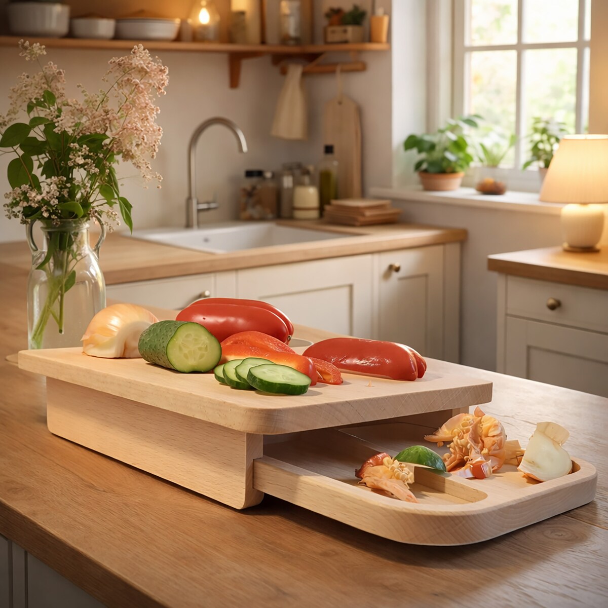Deska Drewniana Do Krojenia Z Szufladą Tacką Do Kuchni Naturalne Drewno