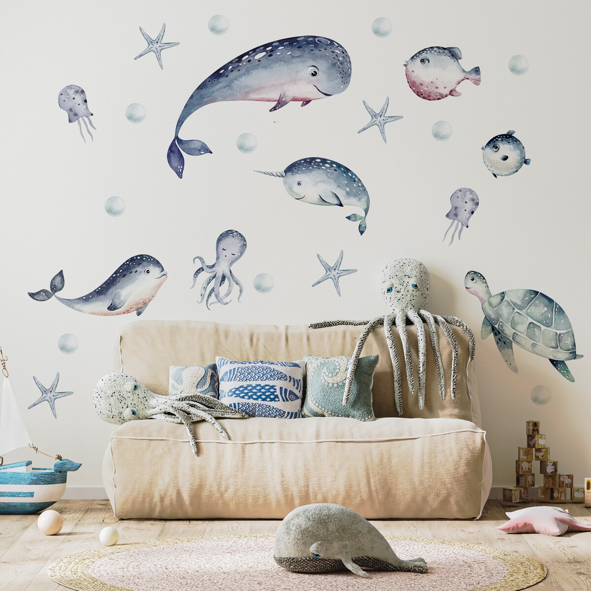 Naklejki Ścienne DLA DZIECI Akwarelowe RYBY Wieloryby Styl Boho ZESTAW 60x30cm