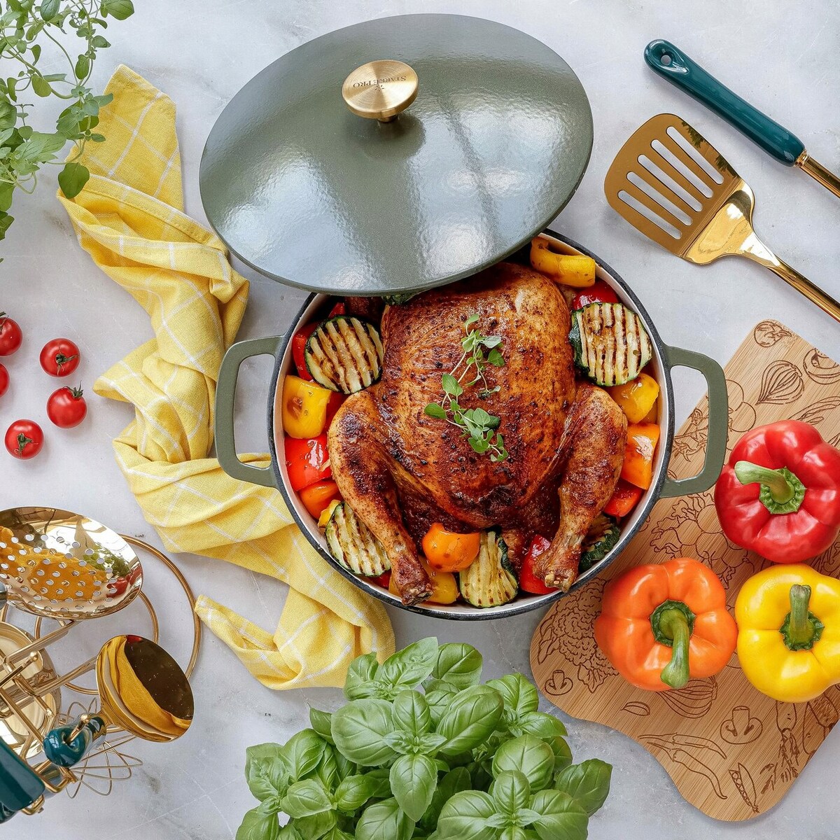 Gęsiarka żeliwna emaliowana brytfanna garnek 5 L okrągła ZIELONA na święta