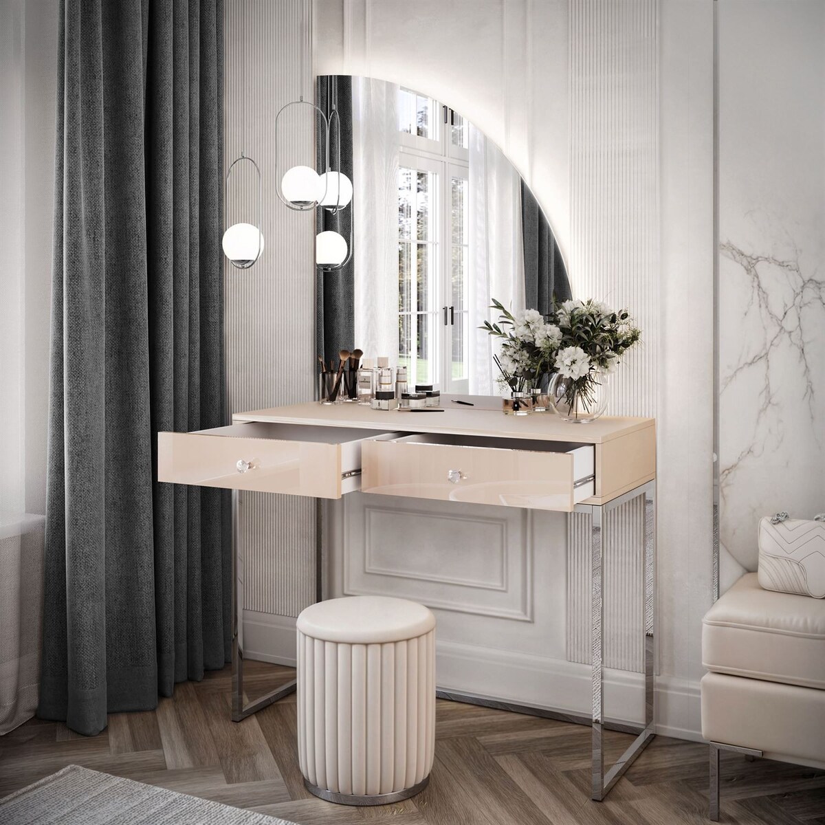 Toaletka kosmetyczna QUINNIE KASZMIR z lustrem LED chrom, prawa, uchwyt biały kryształ