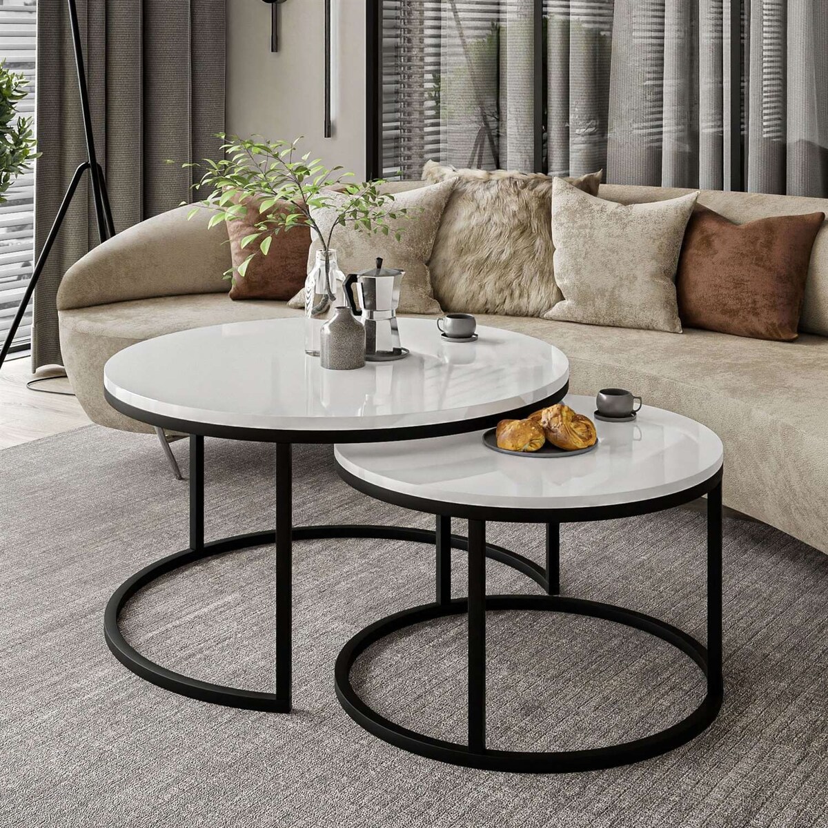 Okrągły stolik kawowy CIRI 2w1 czarny biały połysk 80/60 cm