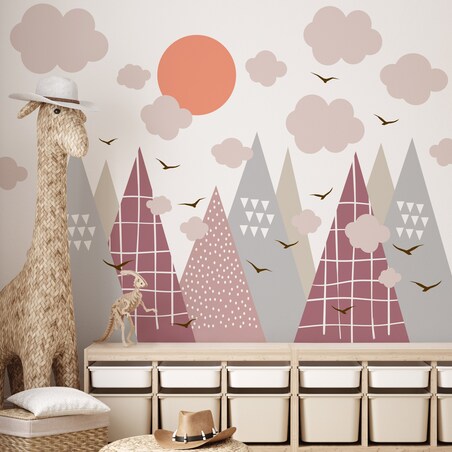 NAKLEJKI ŚCIENNE DLA DZECI RÓŻOWE GÓRY STYL SKANDYNAWSKI CHMURY ZESTAW