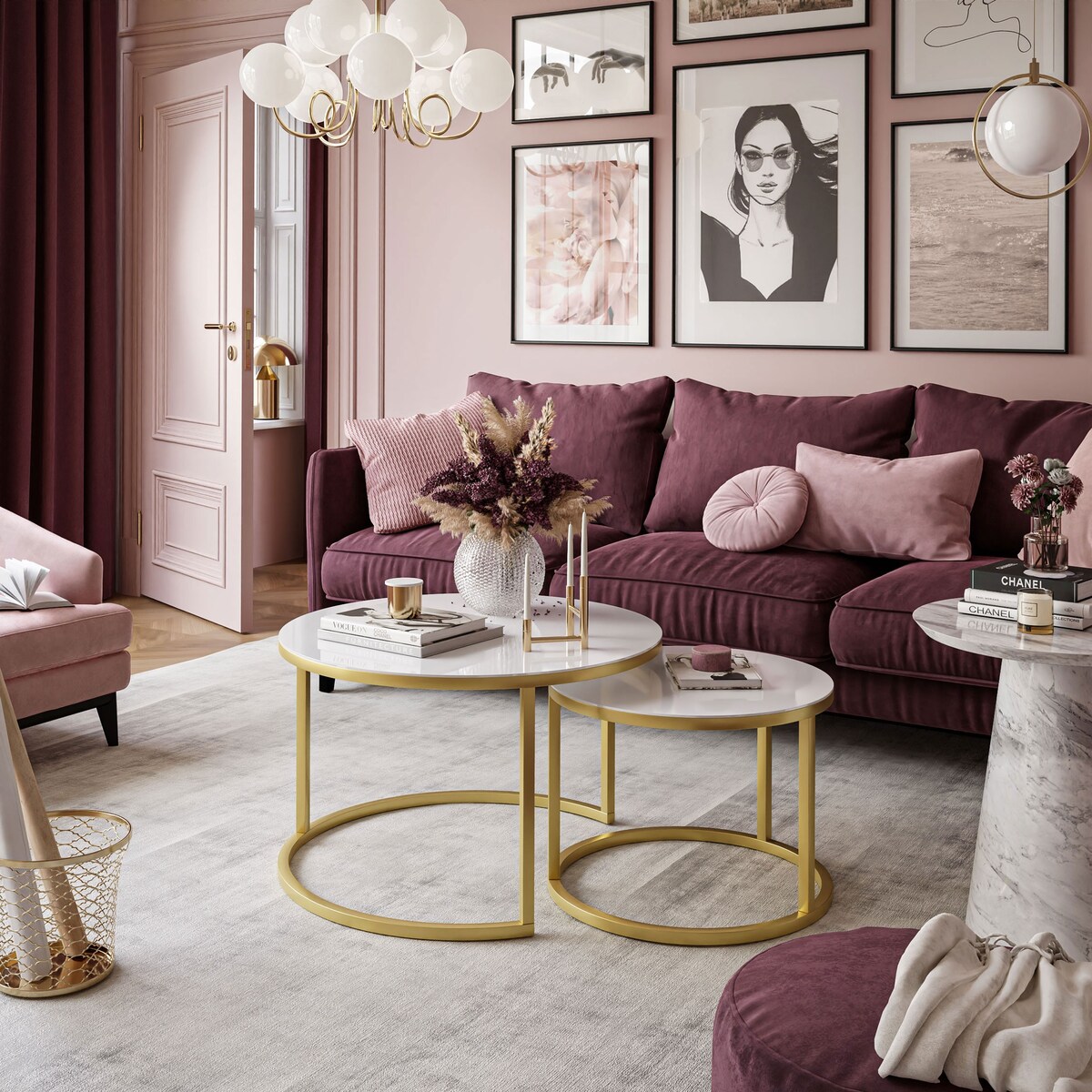 Okrągła ława 2w1 CIRI złoty mat białe szkło