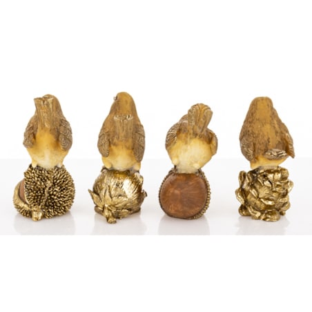 Figurki 4 ptaszków siedzących na szyszce, kasztanie, orzechu i żołędziu 7,5x6,5x4 cm