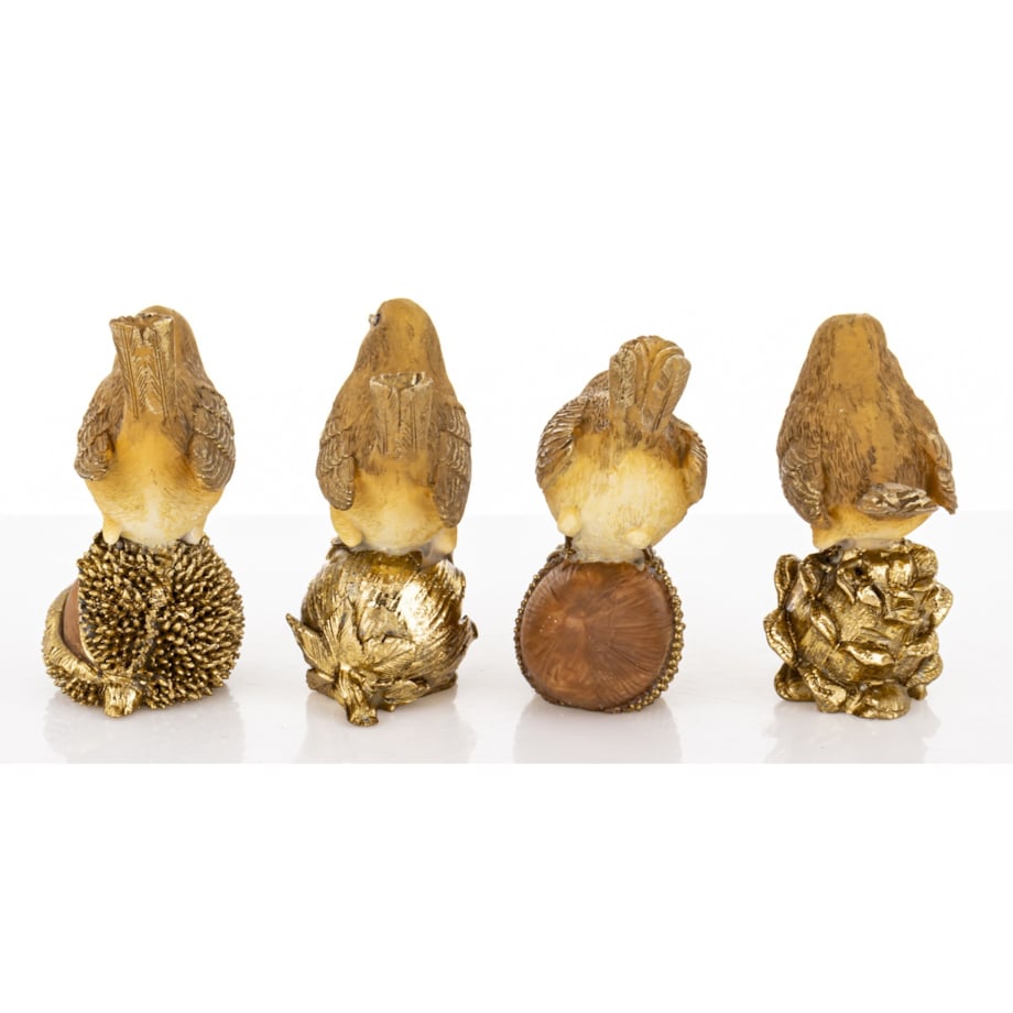 Figurki 4 ptaszków siedzących na szyszce, kasztanie, orzechu i żołędziu 7,5x6,5x4 cm