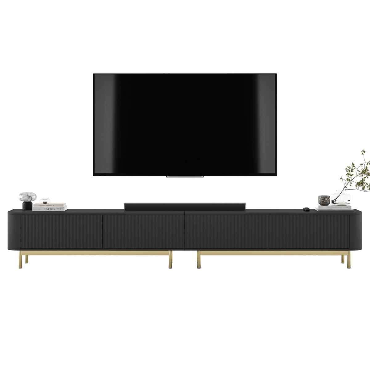 Szafka RTV Komoda RTV 280 cm Glamour Czarny Mat Złoty Stelaż
