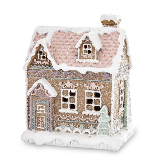 Domek piernikowy LED 15x12,5x9,5 cm z różowym dachem