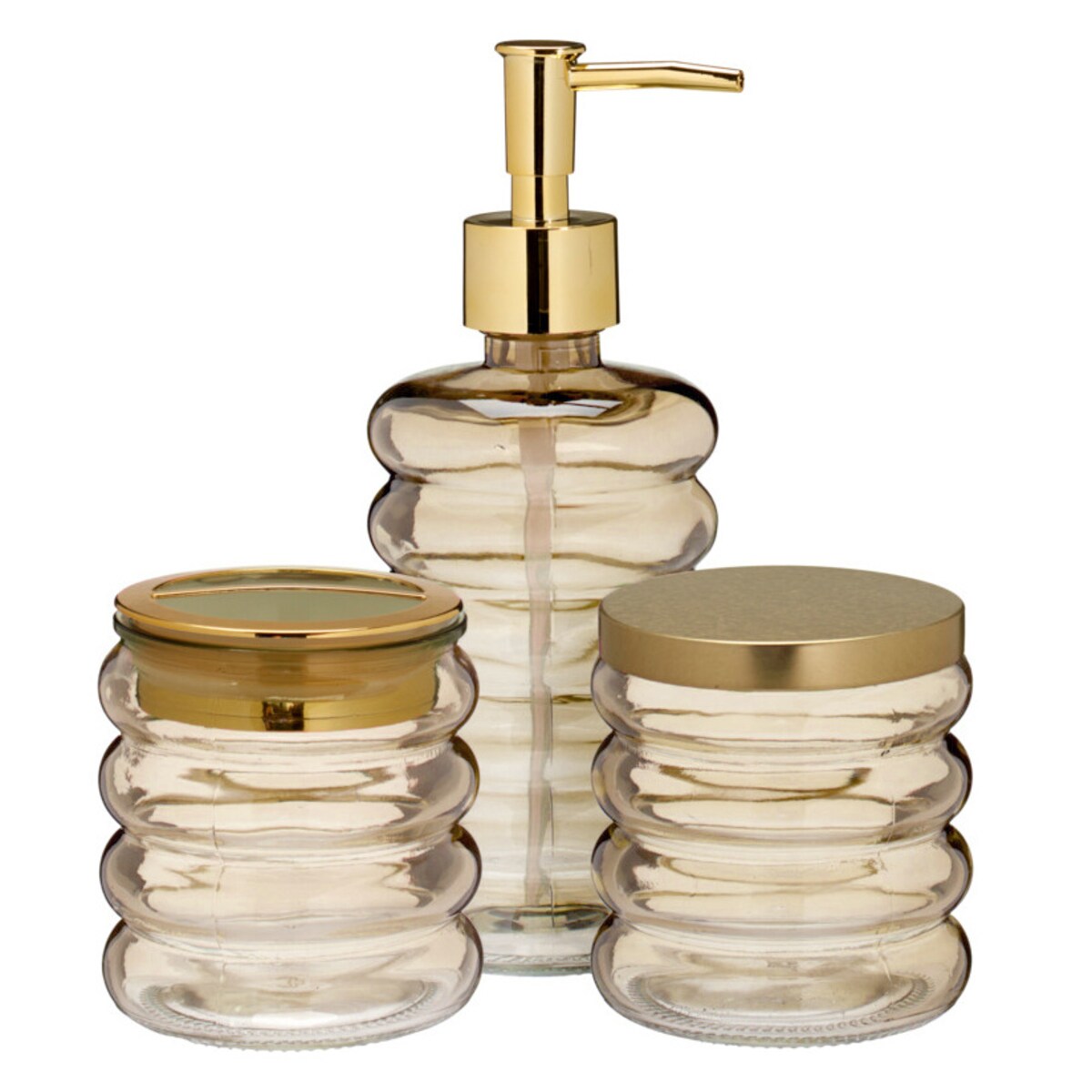 Zestaw łazienkowy HUM, szklany dozownik, kubek, pojemnik, 3 elementy