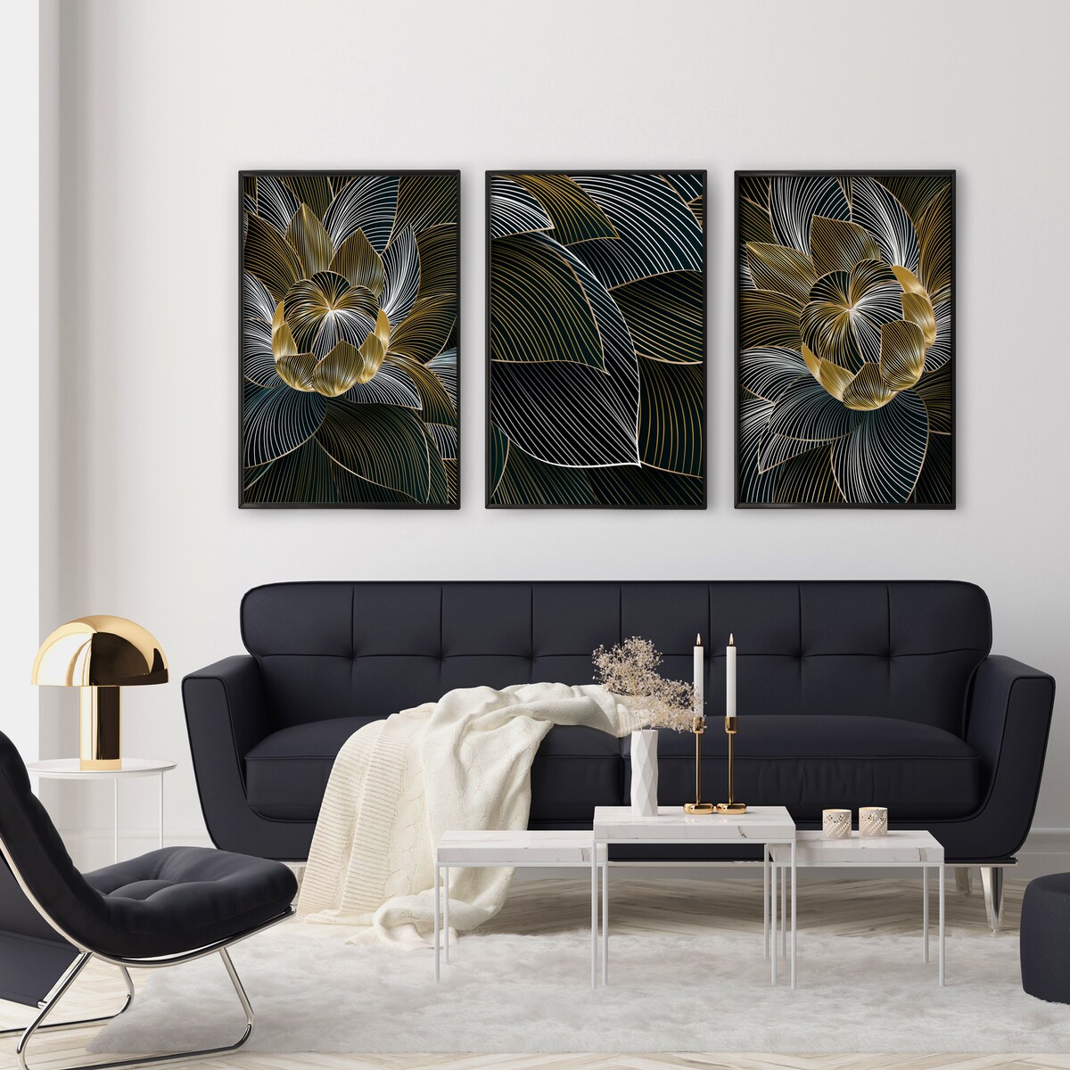 ZESTAW 3X PLAKAT W RAMIE ABSTRAKCJA KWIATY LOTOSU STYL GLAMOUR NATURA 60x80cm