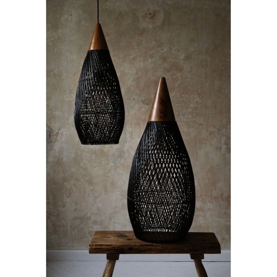 Rattanowa lampa z drewnem teakowym CONE w rozmiarze L - czarna