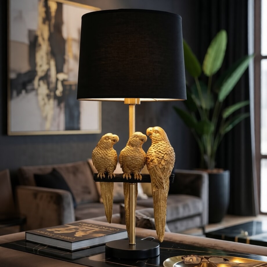 Lampa stołowa Parrots, kolor czarny i złoty, żelazo, PVC i poliester, 30 x 30 x 62,5 cm, 1 x E27, do salonu i sypialni, Mauro Ferretti
