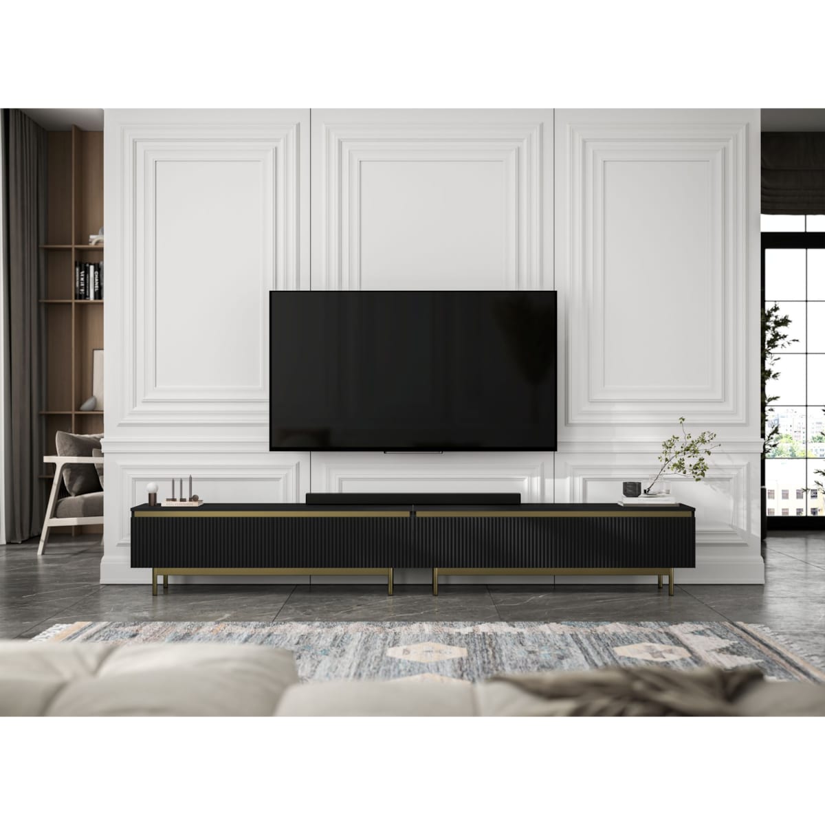 Nowoczesna Szafka RTV Glamour Komoda RTV Czarny Mat 280 cm złote akcenty