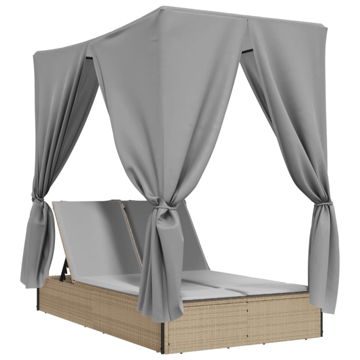 vidaXL Podwójna leżanka z daszkiem i zasłonami, beżowy polirattan