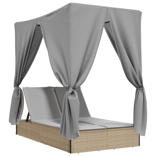 vidaXL Podwójna leżanka z daszkiem i zasłonami, beżowy polirattan