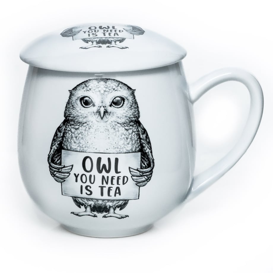 Kubek z zaparzaczem i pokrywką sowa - idealny zestaw do parzenia herbaty, perfekcyjny podarunek prezent dla mamy, taty, babci, dziadka