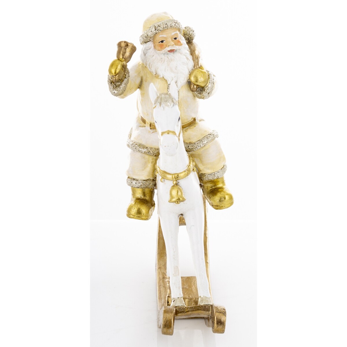 Święty Mikołaj na białym koniu na biegunach 22x20x8 cm z dzwonkiem i workiem