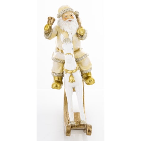 Święty Mikołaj na białym koniu na biegunach 22x20x8 cm z dzwonkiem i workiem