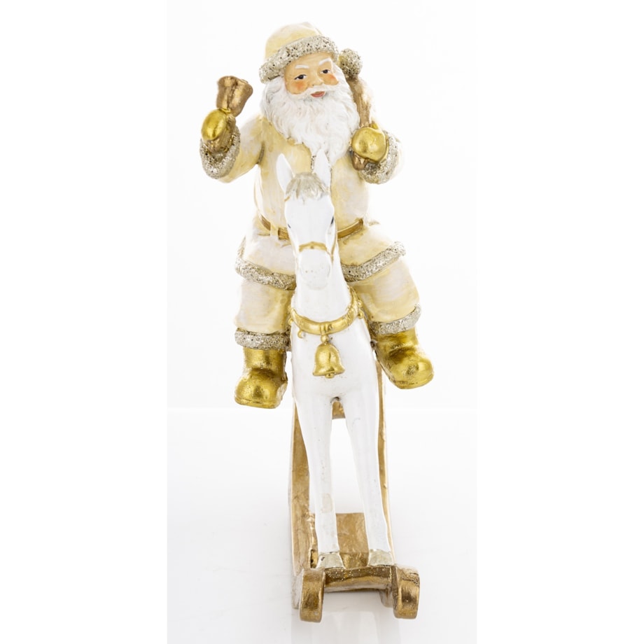 Święty Mikołaj na białym koniu na biegunach 22x20x8 cm z dzwonkiem i workiem