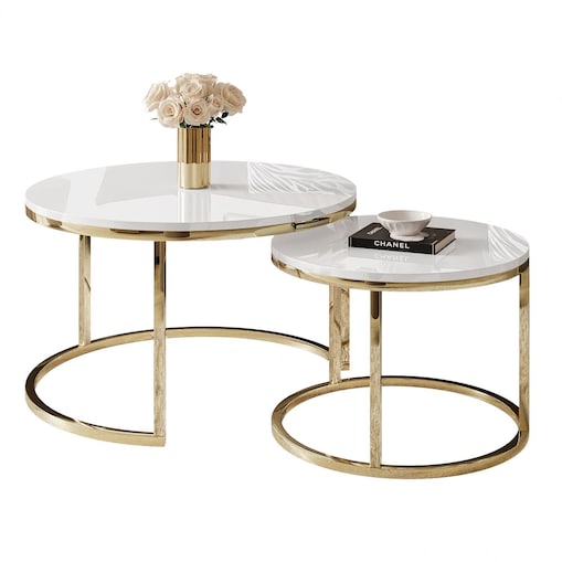 Okrągły stolik kawowy CIRI 2w1 złoty chrom biały połysk