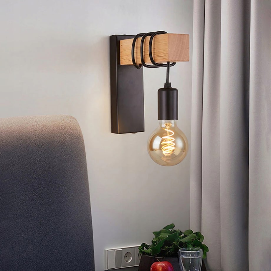 Lampa Kinkiet Ścienny Metalowy Z Drewnem Loft Line