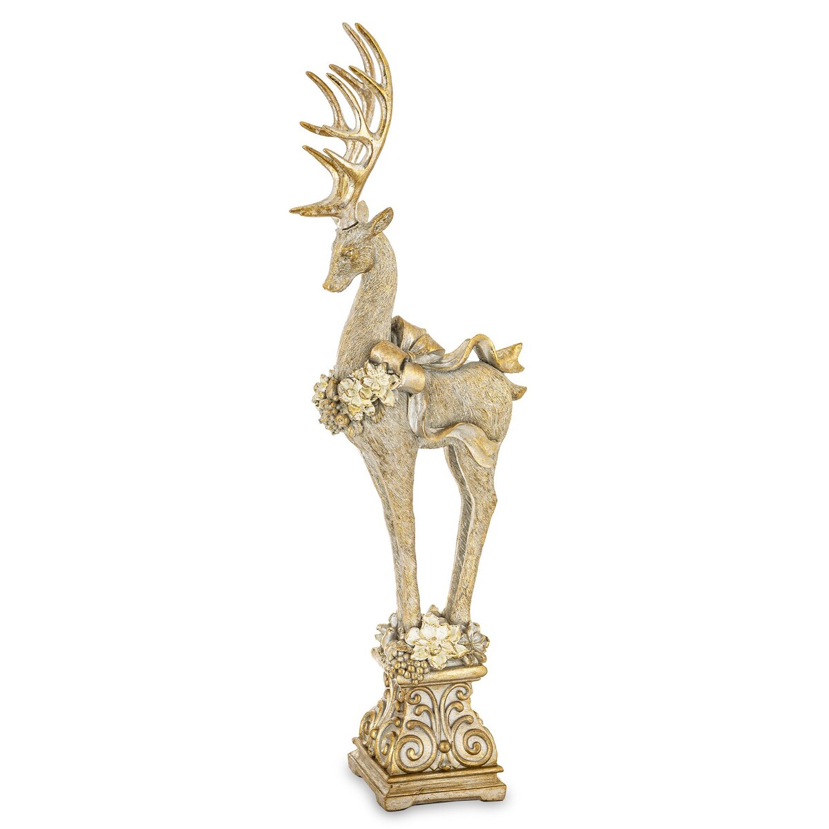 Figurka - złoty jeleń z wieńcem i kokardą 52,5x16x9 cm stojący na postumencie