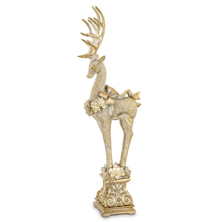 Figurka - złoty jeleń z wieńcem i kokardą 52,5x16x9 cm stojący na postumencie