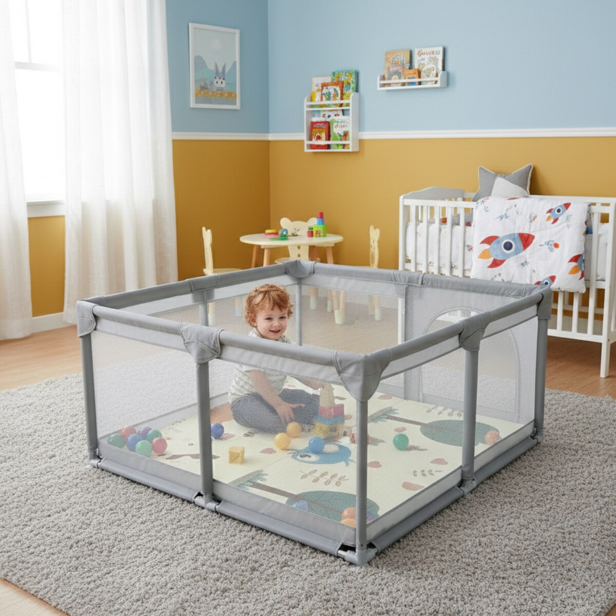 Kojec dla dziecka 126x126 cm suchy basen mata dwustronna + piłki + torba