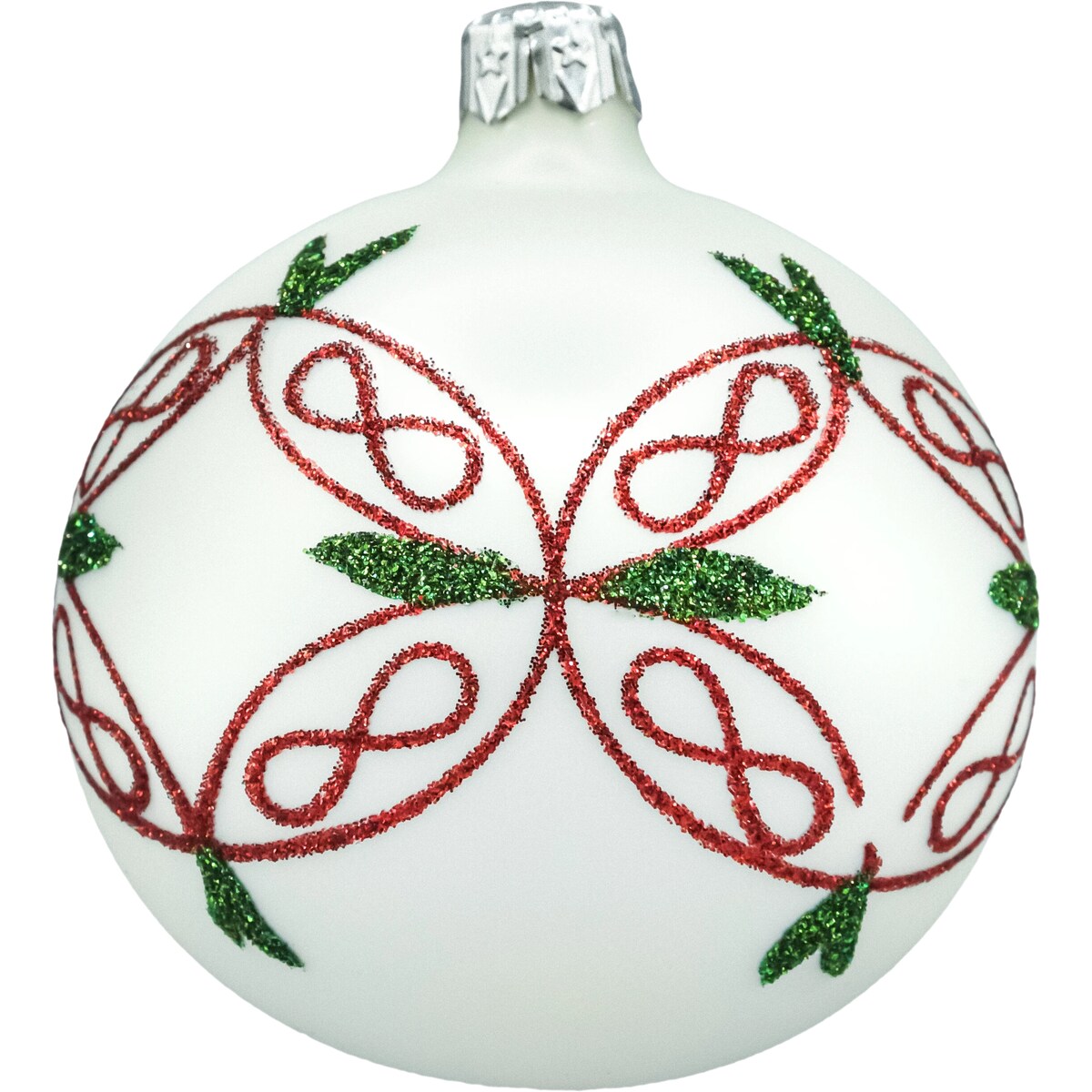 Bombki okrągłe białe: czerwono-zielony ornament