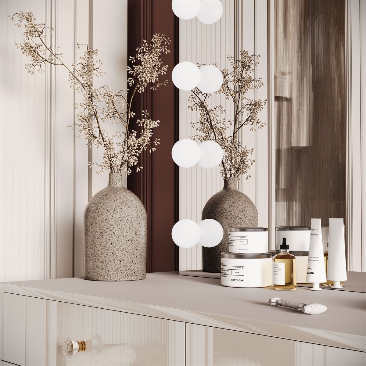 Toaletka kosmetyczna BLANCO KASZMIR ELITE z lustrem i oświetleniem na kaszmirowym stelażu, uchwyt biały kryształ