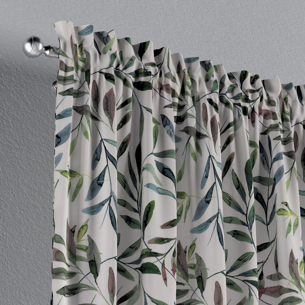 Zasłona na kanale z grzywką 1 szt. 130x245 zielone gałązki na białym tle