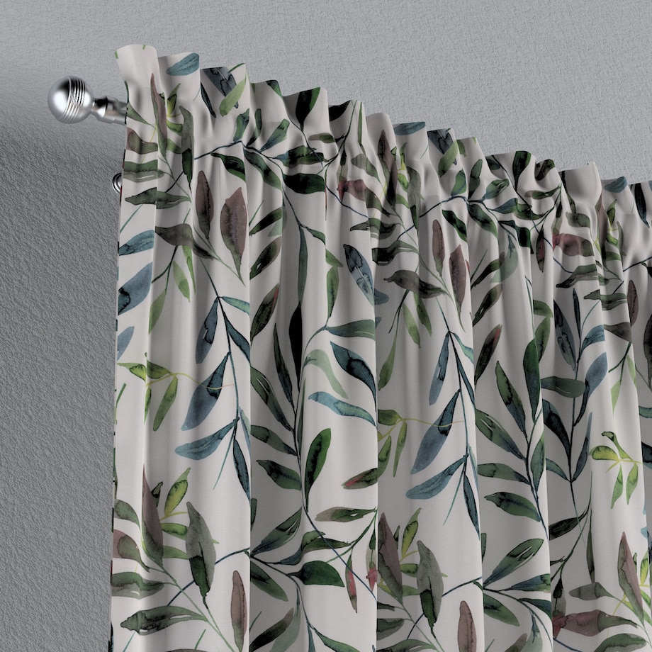 Zasłona na kanale z grzywką 1 szt. 130x245 zielone gałązki na białym tle